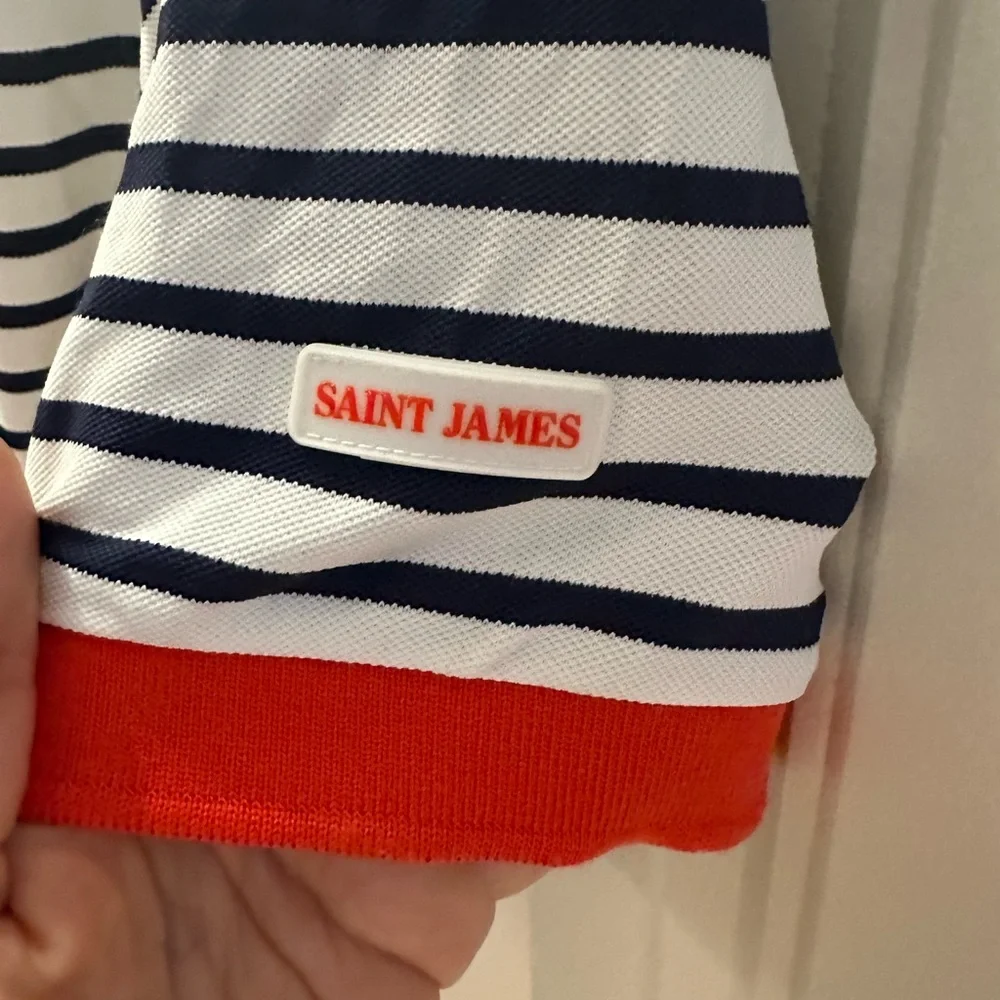Saint James Navy and White Striped Top with Orange Neckline - Picture 3 of 9
